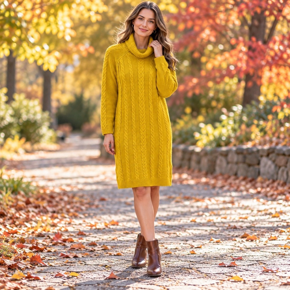 Ann Taylor Sweater Dress Women XS Yellow Cable Knit Turtleneck Long Sleeve